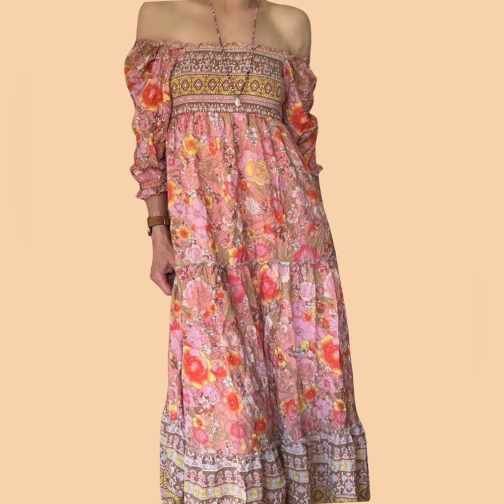 In Bloom Punk Floral Off Shoulder Boho Maxi Ruffle Dress Size Small - Picture 2 of 10